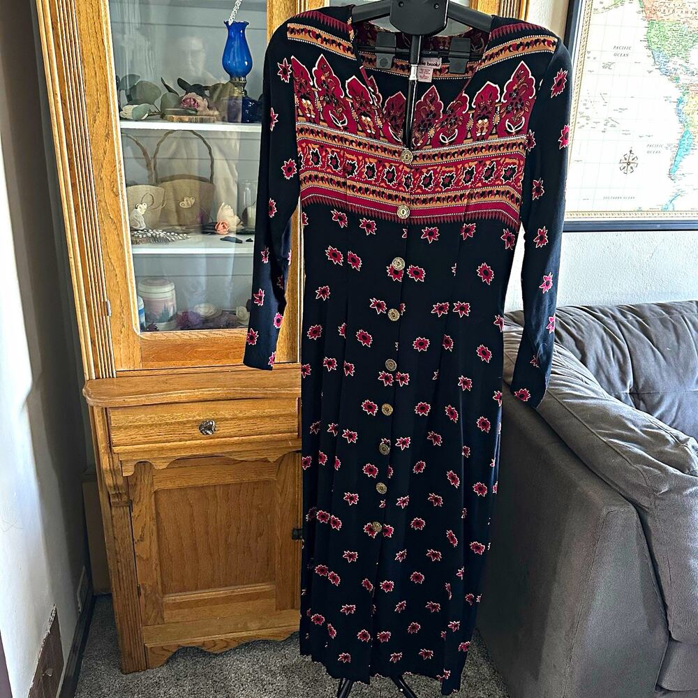 Bobbie Brooks Black Burgundy Floral Button Front Tie Waist Maxi Dress L
